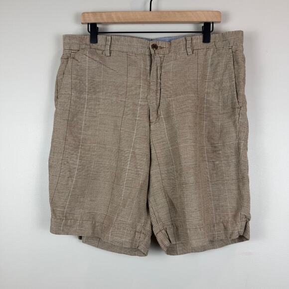 Polo Ralph Lauren Shorts Men 36 Brown Plaid Classic Fit Linen Blend Casual Beach - Picture 1 of 8